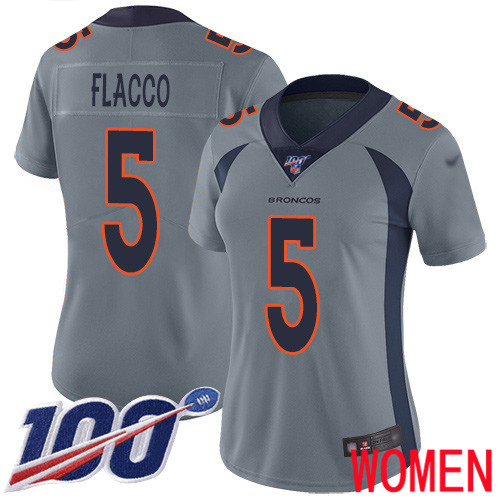 Women Denver Broncos #5 Joe Flacco Limited Silver Inverted Legend 100th Season Football NFL Jersey->women nfl jersey->Women Jersey